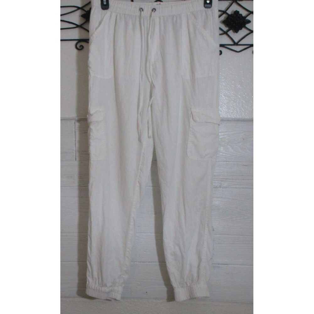 Nicole Miller Women's Linen Pants Size L White Elastic Waist
